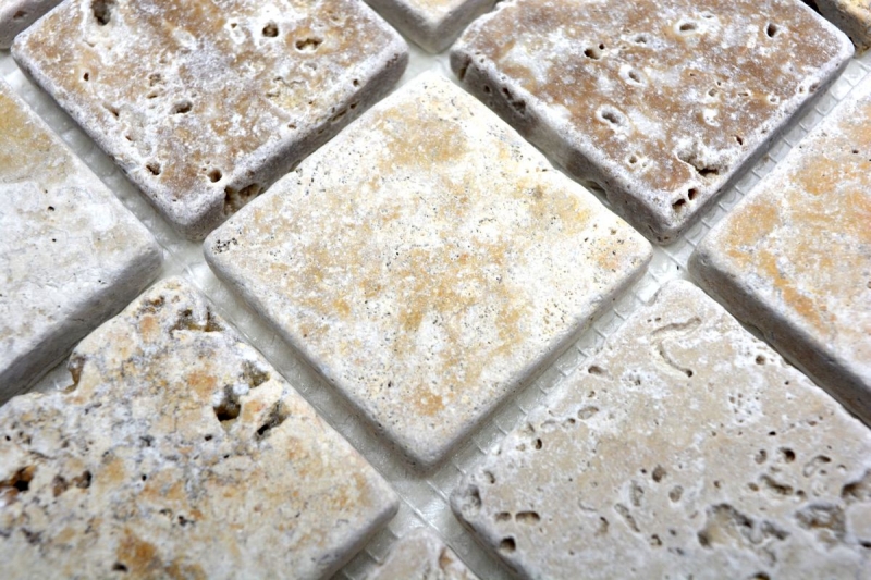 Hand sample mosaic tile backsplash travertine natural stone beige brown travertine tumbled MOS43-46685_m