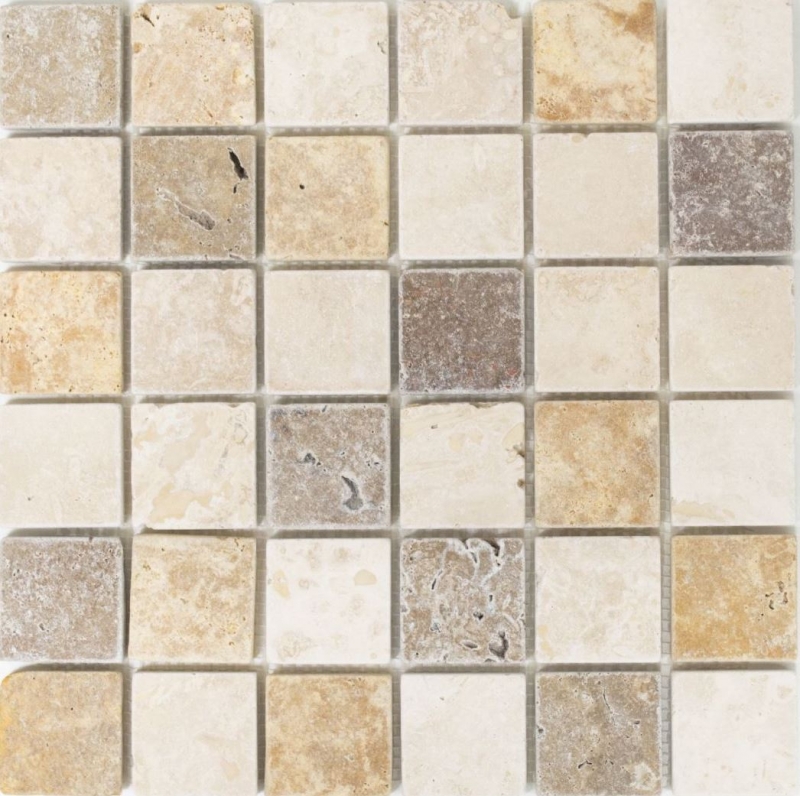Hand sample mosaic tile backsplash travertine natural stone beige brown travertine tumbled MOS43-46685_m