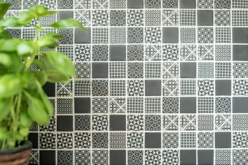 Hand-patterned retro vintage mosaic tile ECO recycled GLASS ECO black patchwork MOS145-P-90_m