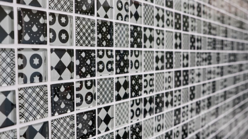 Mosaico vintage retrò dipinto a mano Mosaico di vetro bianco traslucido Cristallo ottico nero MOS88-8OP5_m