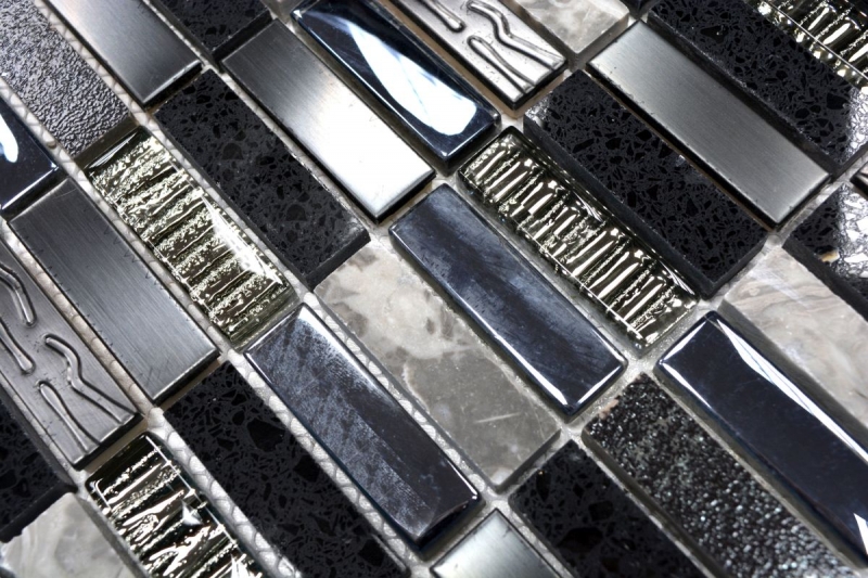 Échantillon manuel Carreau de mosaïque Translucide Composite Acier inoxydable argenté gris noir Rectangle Mosaïque de verre Crystal Artificial Stein Acier EP noir MOS87-SM58_m