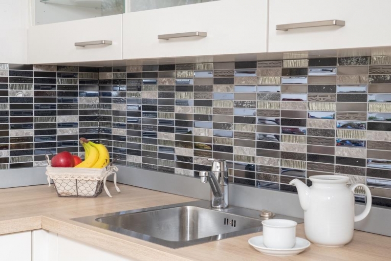 Hand pattern mosaic tile translucent composite stainless steel silver gray black rectangle glass mosaic Crystal Artificial stone steel EP black MOS87-58X_m