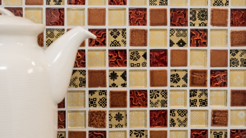 Piastrella di mosaico dipinta a mano Rivestimento traslucido beige rosso Mosaico di vetro Cristallo di resina Ottica beige rosso MOS83-CMCB25_m