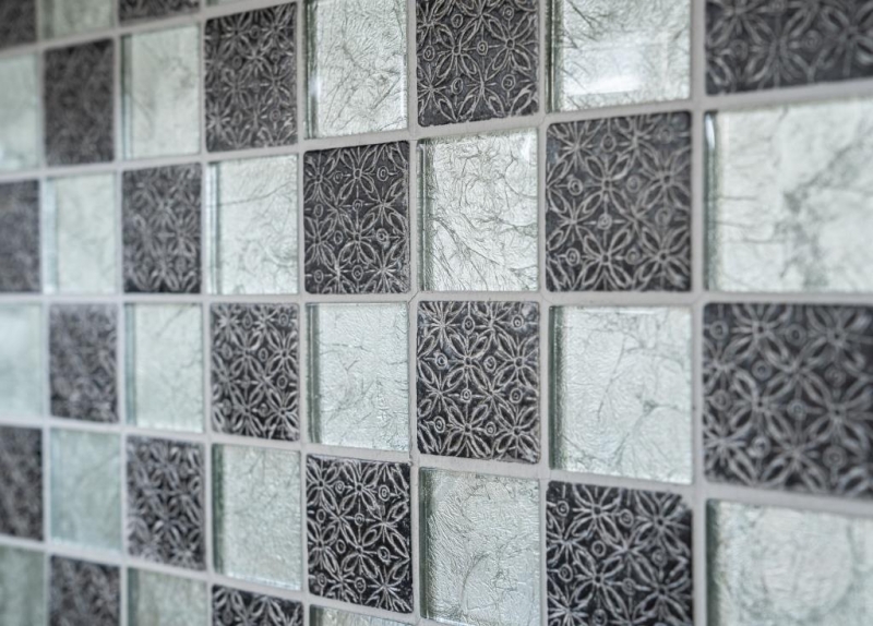 Piastrella di mosaico dipinta a mano Backsplash di piastrelle Argento traslucido Mosaico di vetro Resina di cristallo Argento ottico MOS88-8OP6_m