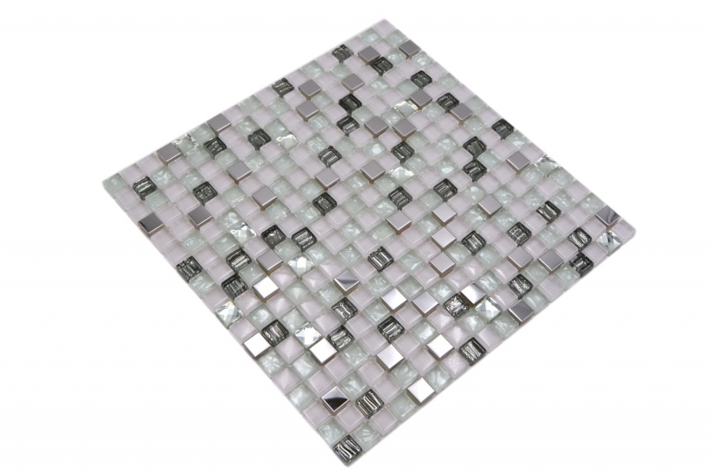 Échantillon manuel Carreau de mosaïque Translucide acier inoxydable blanc Mosaïque de verre Crystal acier blanc verre MOS92-0107_m
