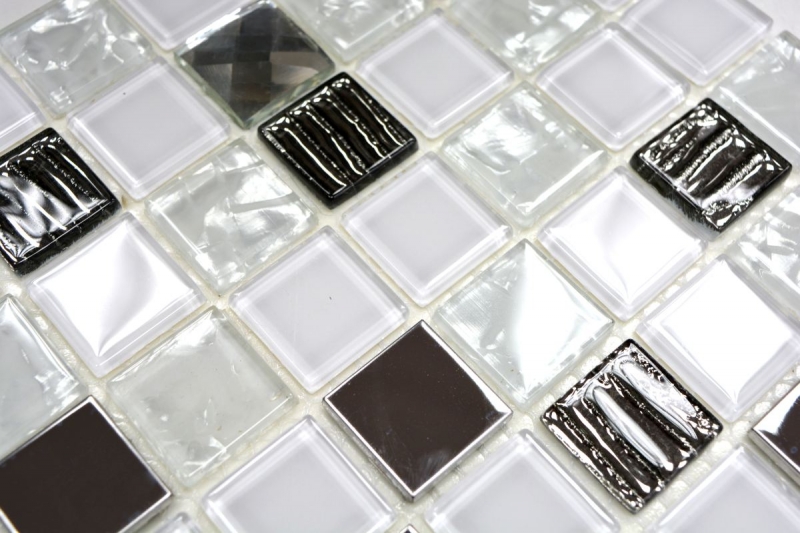 Piastrella di mosaico dipinta a mano Backsplash di piastrelle Acciaio inox traslucido bianco Mosaico di vetro Acciaio cristallo bianco Vetro MOS63-CM-424_m