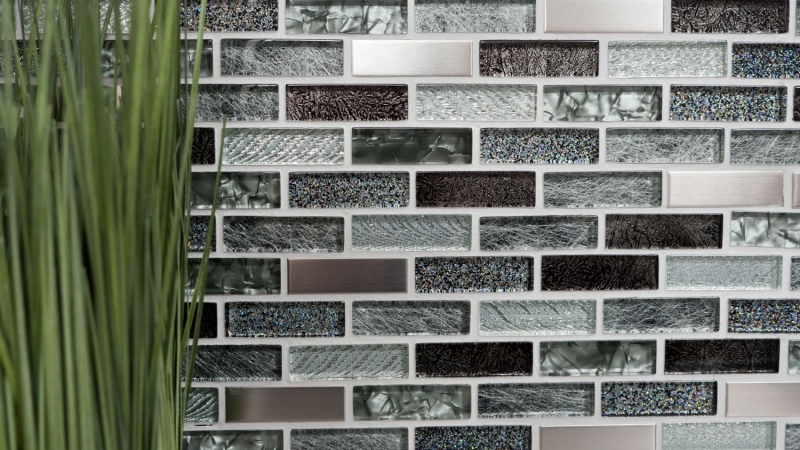 Handmuster Mosaikfliese Transluzent Edelstahl silber grau schwarz Verbund Glasmosaik Crystal Stahl silber grau schwarz MOS87-IL017_m