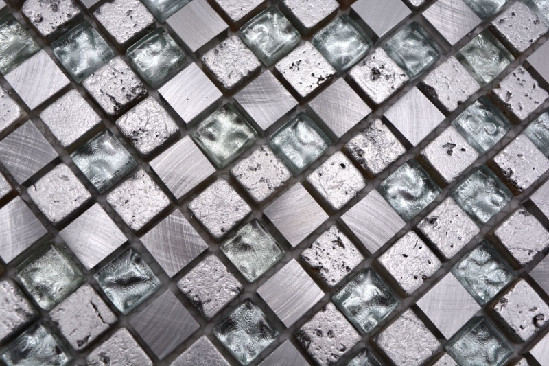 Piastrella di mosaico dipinta a mano Alluminio traslucido argento Mosaico di vetro Cristallo Alu Resina argento MOS92-0202_m