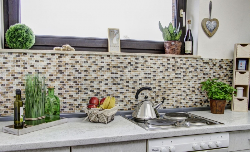 Hand-patterned mosaic tile Tile backsplash Translucent light beige Brick Glass mosaic Crystal stone emperador light MOS87-B1153_m