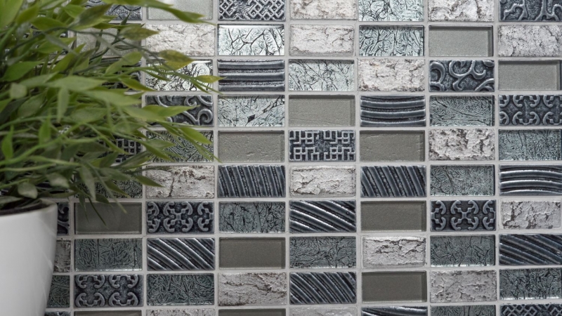 Piastrella di mosaico decorata a mano Backsplash di piastrelle Argento traslucido Rettangolo Mosaico di vetro Pietra di cristallo Argento retrò MOS83-CRS2_m