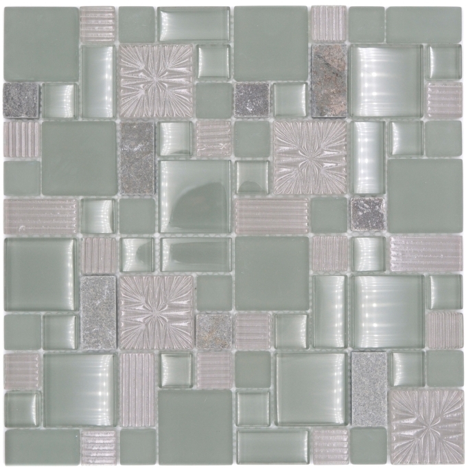 Handmuster Mosaikfliese Fliesenspiegel Transluzent grau Kombination Glasmosaik Crystal Stein klar grau grau matt MOS88-MC669_m