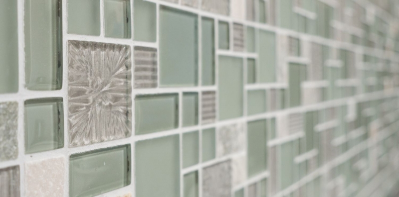 Handmuster Mosaikfliese Fliesenspiegel Transluzent grau Kombination Glasmosaik Crystal Stein klar grau grau matt MOS88-MC669_m