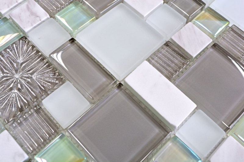 Piastrella di mosaico dipinta a mano Backsplash di piastrelle Traslucido bianco grigio Combinazione di mosaico di vetro Pietra di cristallo bianco grigio bianco opaco MOS88-MC659_m