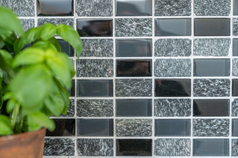 Piastrella di mosaico dipinta a mano Backsplash di piastrelle Traslucido grigio nero Rettangolo Mosaico di vetro Pietra di cristallo grigio nero MOS87-1303_m