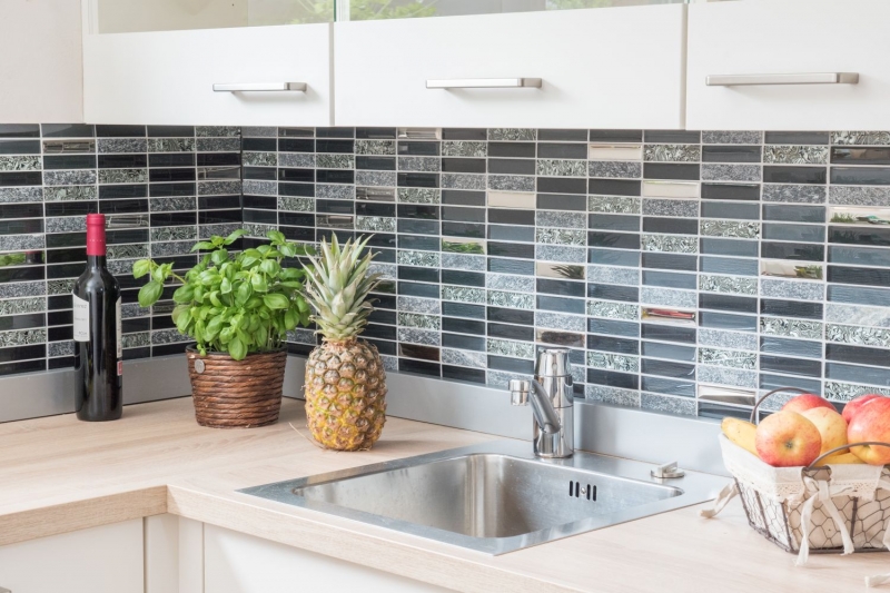 Piastrella di mosaico dipinta a mano Backsplash di piastrelle Traslucido grigio argento nero Rettangolo Mosaico di vetro Pietra di cristallo nero MOS87-88X_m