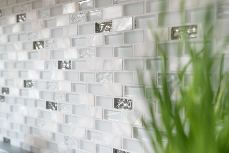 Piastrella di mosaico decorata a mano Backsplash di piastrelle Bianco traslucido Brick Mosaico di vetro Pietra di cristallo Shell white MOS87-B01S_m