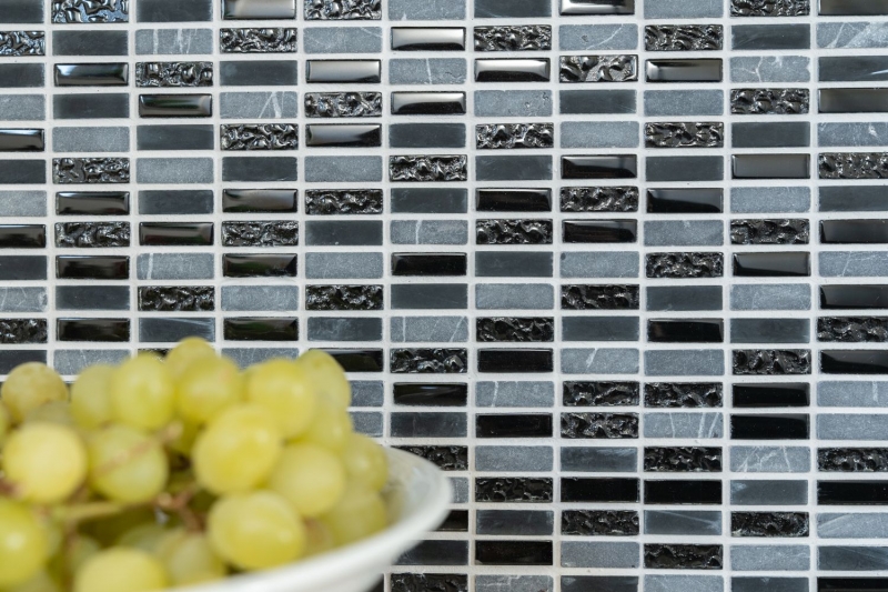 Hand-painted mosaic tile Tile backsplash Translucent gray rods Glass mosaic Crystal stone gray matt black MOS87-1403_m