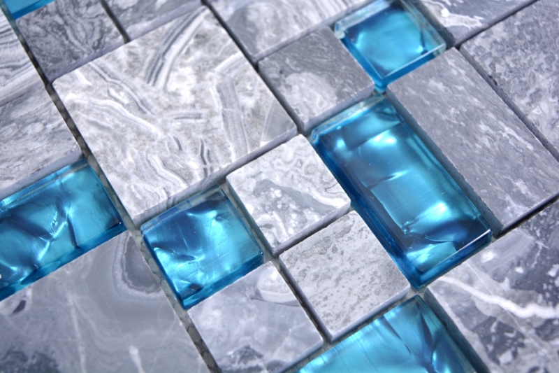 Handmuster Mosaikfliese Fliesenspiegel Transluzent grau Kombination Glasmosaik Crystal Stein grau blau MOS88-0404_m