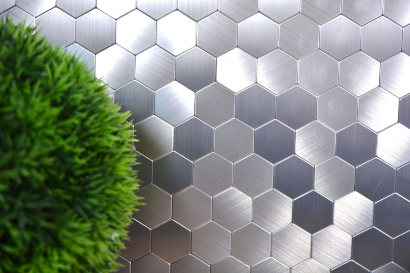 Handmuster Mosaikfliese Fliesenspiegel selbstklebend Aluminium silber metall Hexagon metall MOS200-22MHX_m