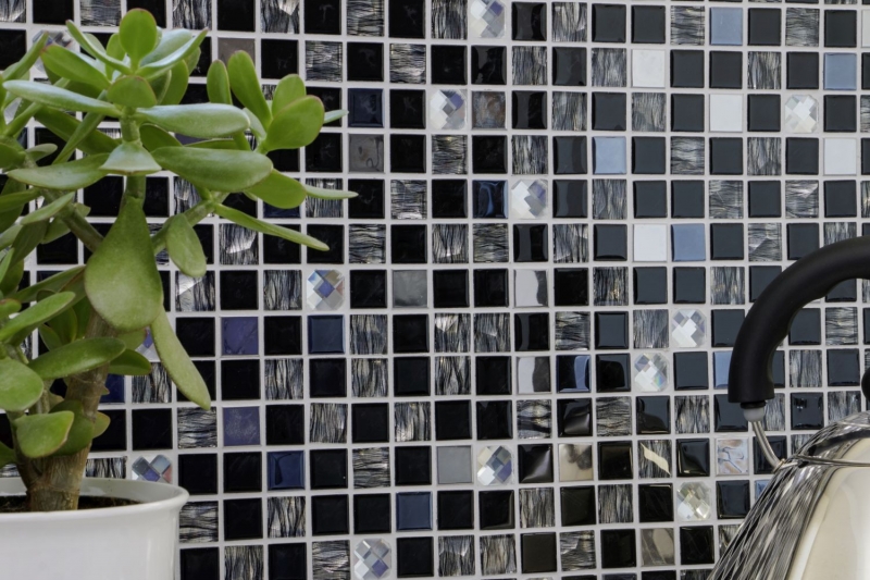 Handmuster Mosaikfliese Fliesenspiegel selbstklebend Transluzent Edelstahl schwarz Glasmosaik Crystal Stahl schwarz Glas MOS200-4CM26_m