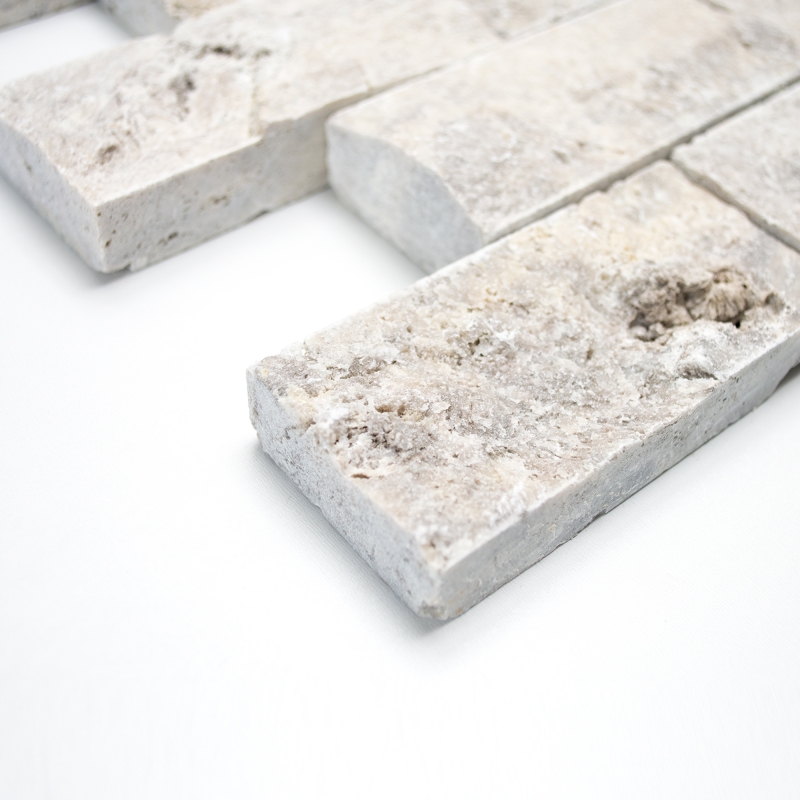 Échantillon manuel Carreau de mosaïque Travertin pierre naturelle blanc-gris Brick Splitface argent Travertin 3D MOS29-42781_m