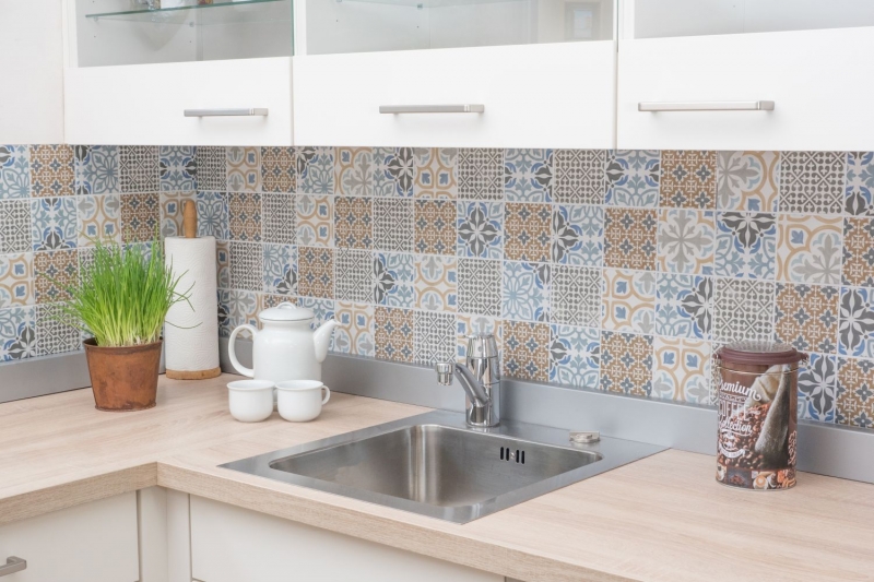 Retro vintage mosaic tile backsplash kitchen backsplash ceramic cream blue orange gray matt MOS22B-1406_f | 10 mosaic mats
