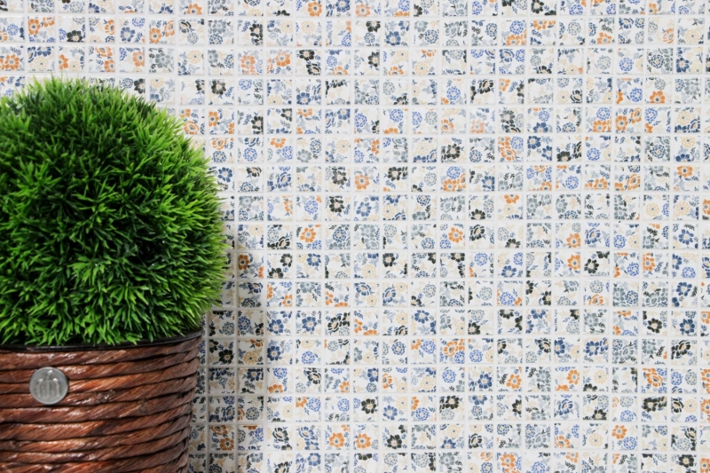 Mosaic tiles retro vintage ceramic white colorful flowers tile mirror wall MOS18C-1401_f | 10 mosaic mats