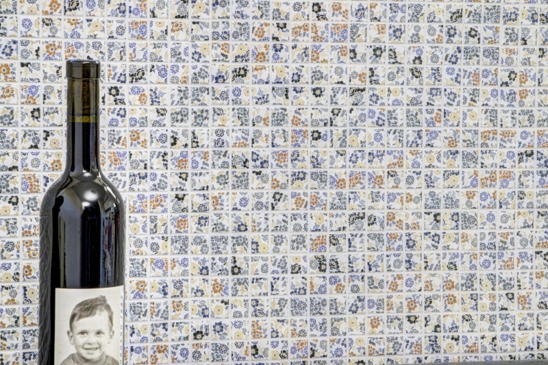 Piastrelle a mosaico retro vintage in ceramica bianca fiori colorati backsplash muro MOS18C-1401_f | 10 tappetini a mosaico