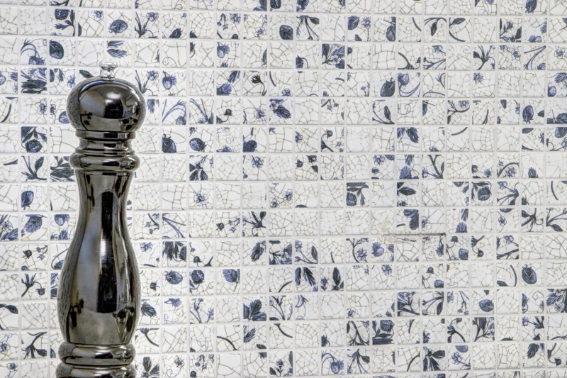 Mosaic tiles retro vintage ceramic white blue flower kitchen splashback MOS18D-1404_f | 10 mosaic mats