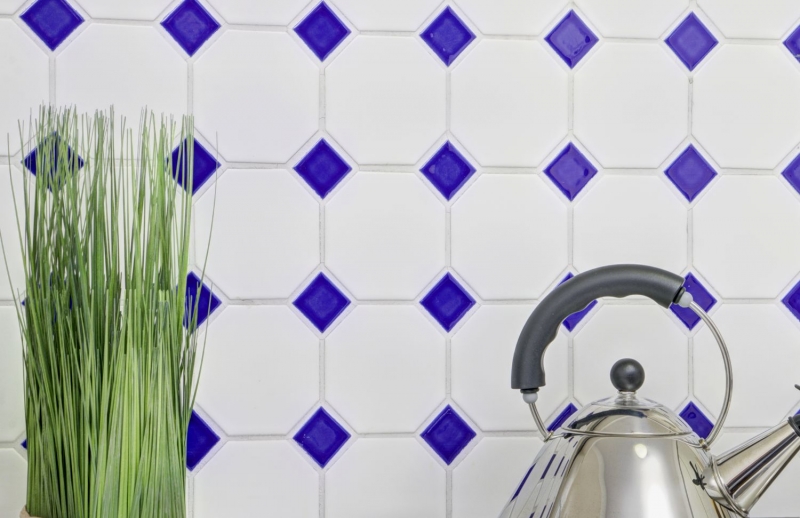 Mosaic tiles ceramic octagonal white matt cobalt blue glossy mosaic wall kitchen splashback MOSOcta-180_f | 10 mosaic mats