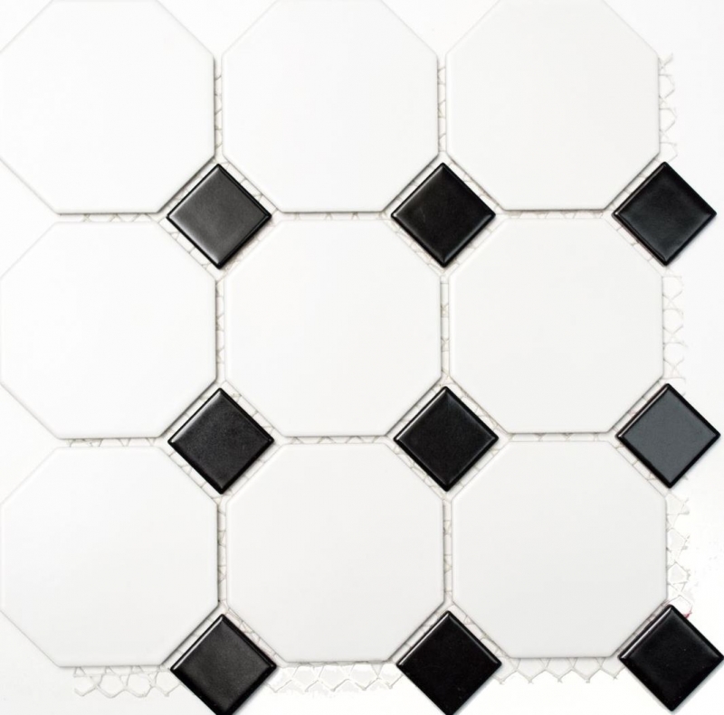 Mosaikfliesen Keramik Octagonal weiß matt schwarz glänzend Fliesenspiegel MOSOcta-190_f | 10 Mosaikmatten