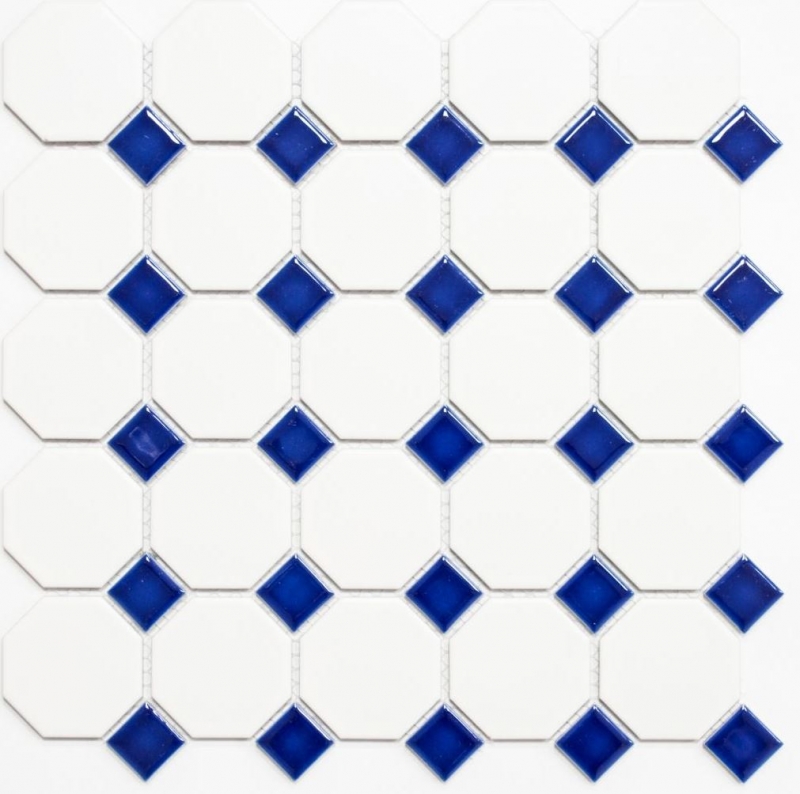 Carreaux de mosaïque Céramique bleue Octagon blanc mat bleu brillant Fond de cuisine MOS13-OctaG464_f | 10 Tapis de mosaïque