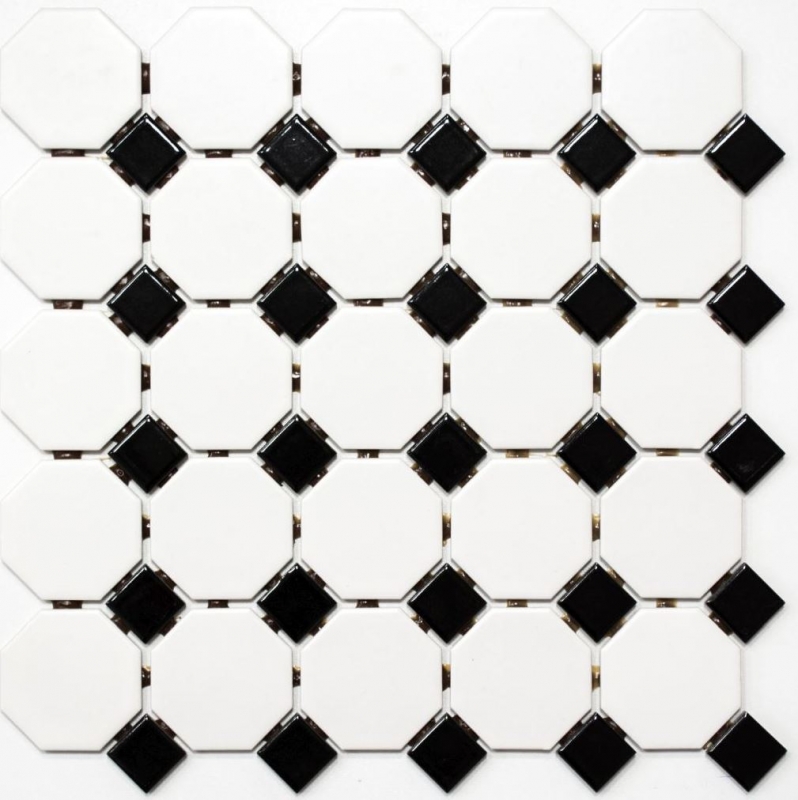 Mosaikfliesen Keramik Octagon weiß matt schwarz glänzend Fliesenspiegel MOS13-OctaG468_f | 10 Mosaikmatten