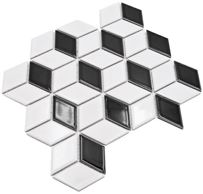 Mosaïque Céramique Cube 3D blanc noir brillant Carrelage mural Carrelage de salle de bain MOS13-OV01_f | 10 Tapis de mosaïque