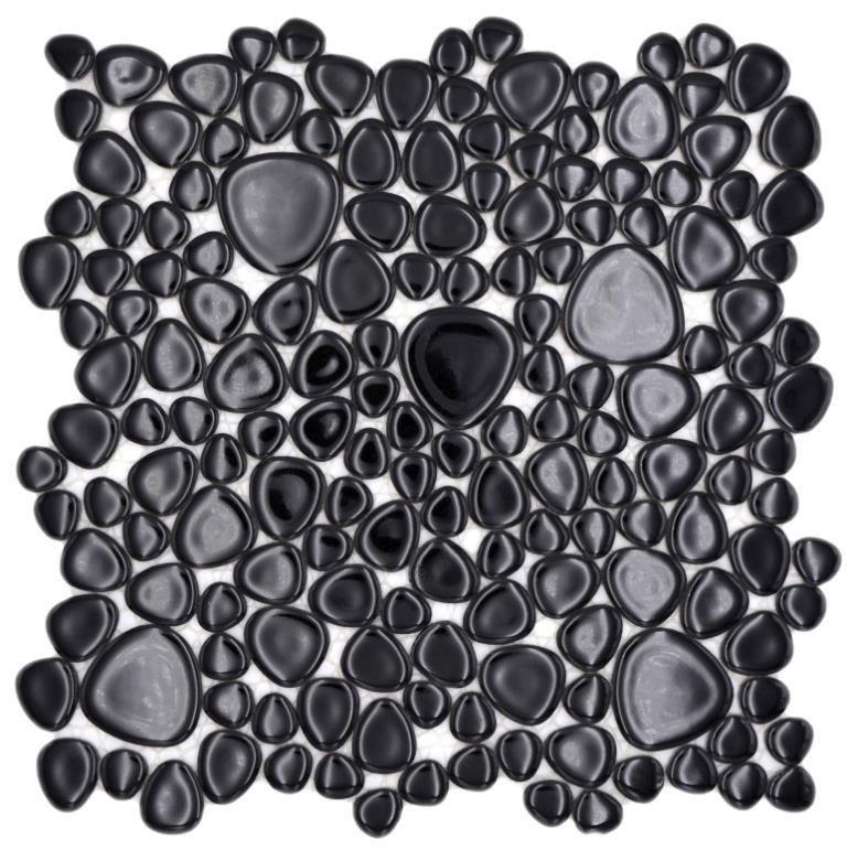 Mosaïque de galets Pebbles Céramique noire Spots Receveur de douche Miroir de carrelage MOS12-0302_f | 10 Tapis de mosaïque