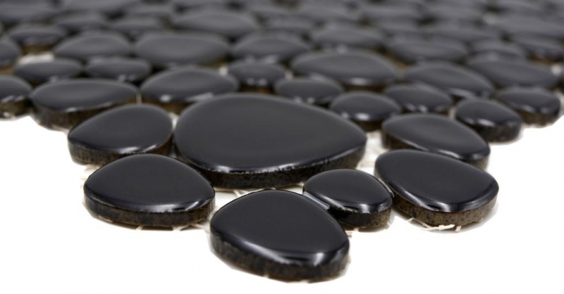 Mosaïque de galets Pebbles Céramique noire Spots Receveur de douche Miroir de carrelage MOS12-0302_f | 10 Tapis de mosaïque