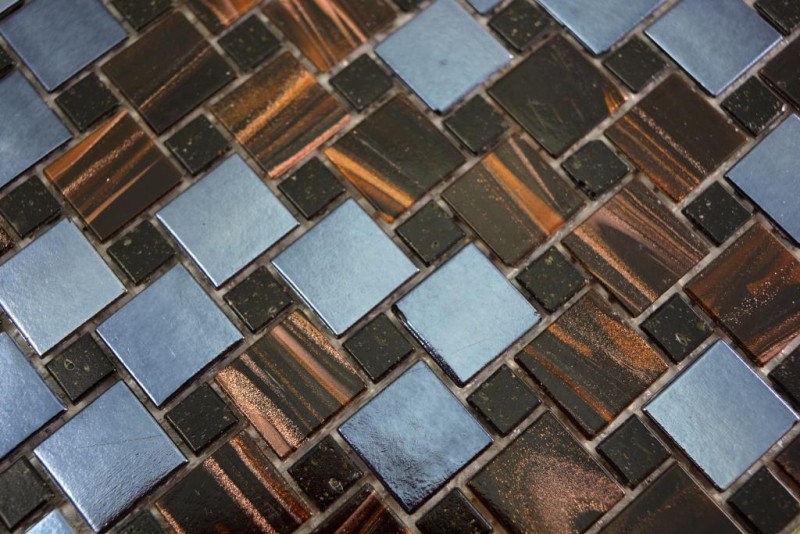 Combinazione di piastrelle di vetro a mosaico Goldstar marrone blu-grigio metallizzato MOS57-K07_f | 10 tappetini a mosaico