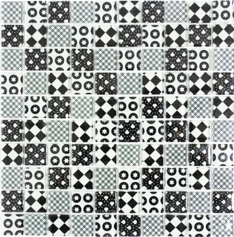 Piastrella di mosaico retrò vintage Mosaico di vetro bianco traslucido Cristallo ottico nero MOS88-8OP5_f | 10 tappetini di mosaico