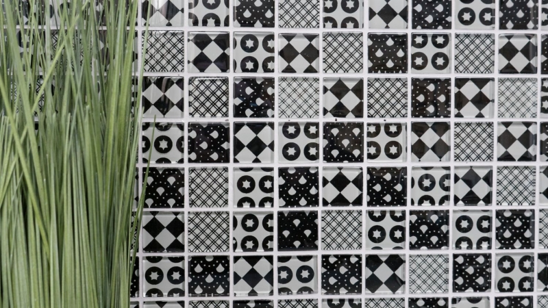 Retro vintage mosaic tile Translucent white glass mosaic Crystal optics black MOS88-8OP5_f | 10 mosaic mats