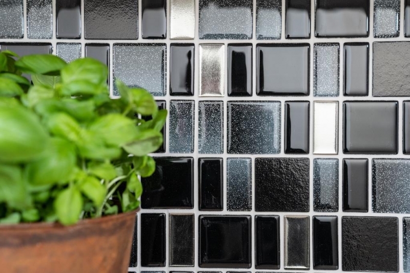 Mosaic tile translucent black combination iridescent black-colored MOS68-035B_f | 10 mosaic mats