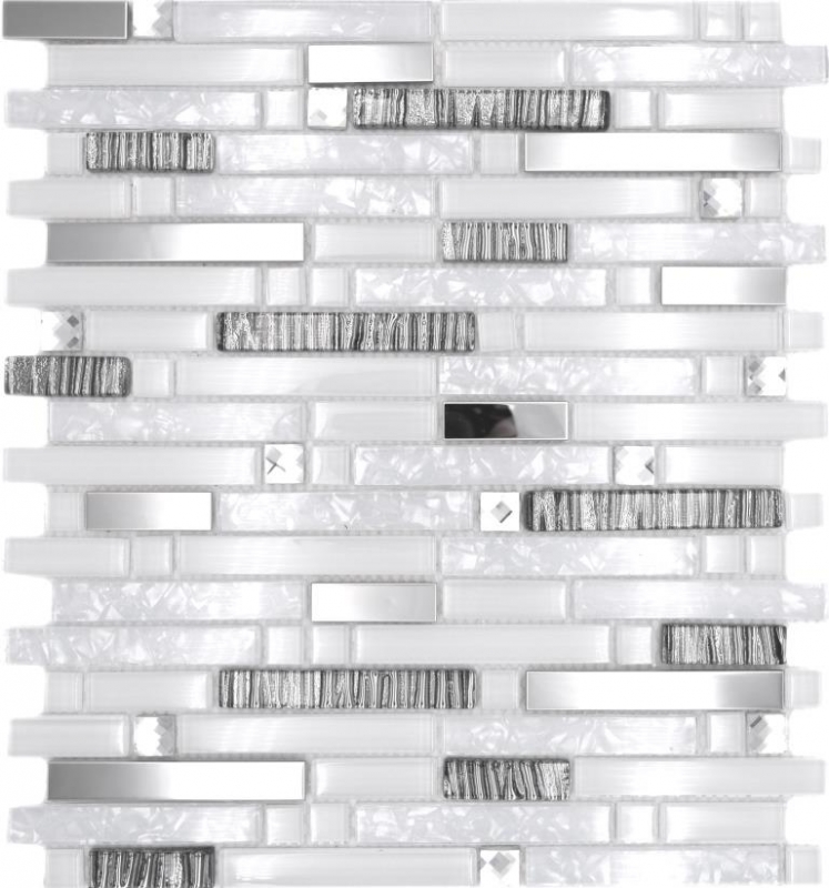 Piastrella di mosaico traslucida in acciaio inox bianco mosaico di vetro composito Crystal steel white glass MOS86-0104_f | 10 tappetini di mosaico