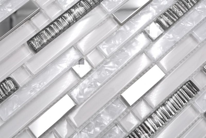 Piastrella di mosaico traslucida in acciaio inox bianco mosaico di vetro composito Crystal steel white glass MOS86-0104_f | 10 tappetini di mosaico