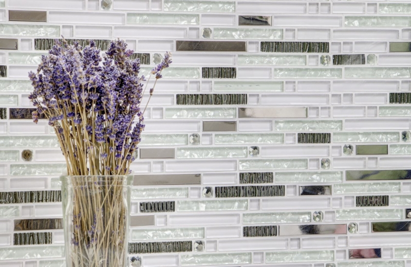 Piastrella di mosaico traslucida in acciaio inox bianco mosaico di vetro composito Crystal steel white glass MOS86-0104_f | 10 tappetini di mosaico