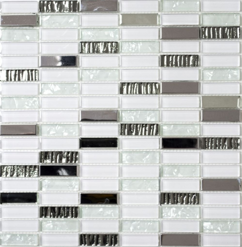 Piastrella di mosaico Aste traslucide in acciaio inox bianco Mosaico di vetro Acciaio cristallo bianco MOS87-0102_f | 10 tappetini di mosaico