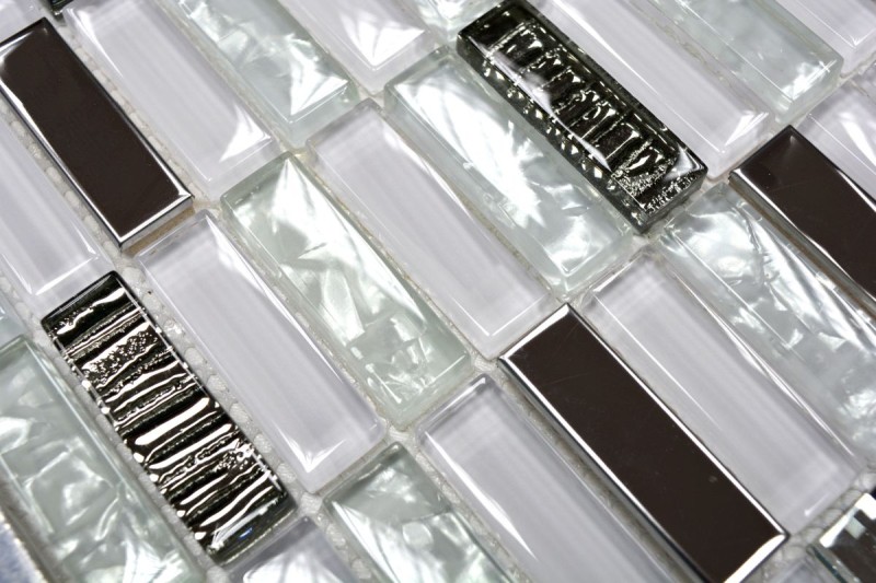 Carreau de mosaïque translucide acier inoxydable blanc baguettes Mosaïque de verre Crystal acier blanc verre MOS87-0102_f | 10 Tapis de mosaïque