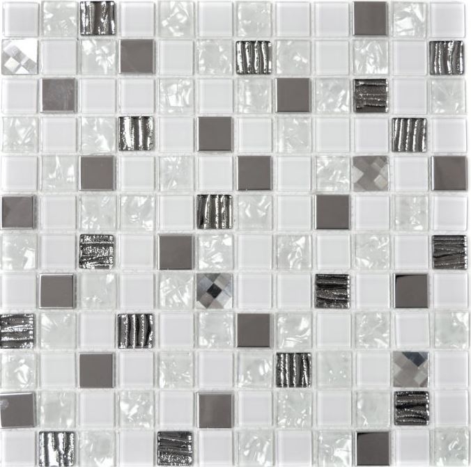Mosaikfliese Transluzent Edelstahl weiß Glasmosaik Crystal Stahl weiß Glas MOS63-CM-424_f | 10 Mosaikmatten