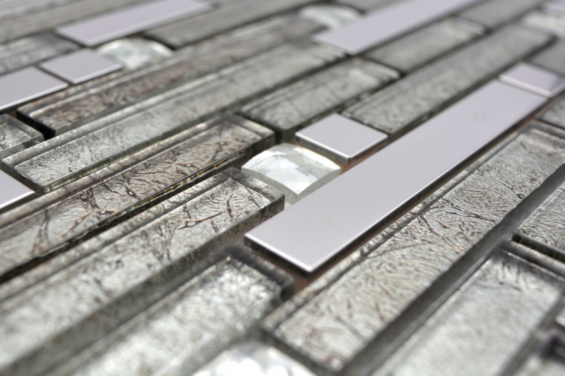 Carreau de mosaïque translucide acier inoxydable argent composite Mosaïque de verre Crystal acier argent verre MOS86-0106_f | 10 Tapis de mosaïque