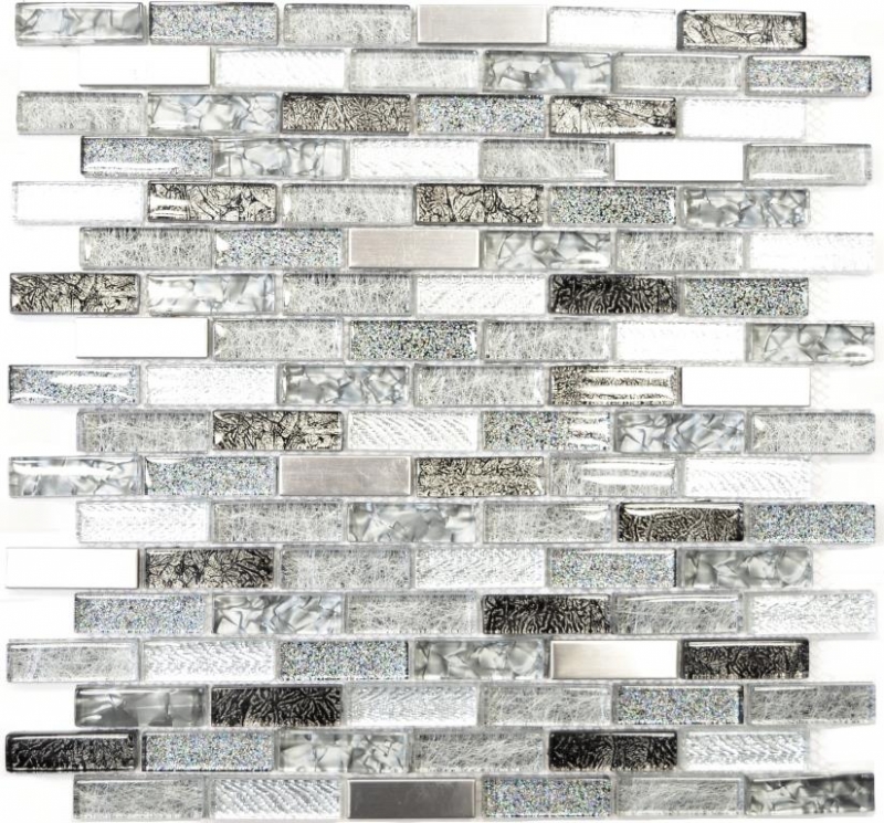 Piastrella di mosaico traslucida in acciaio inox grigio argento nero mosaico di vetro composito Acciaio cristallo grigio argento nero MOS87-IL017_f | 10 tappetini di mosaico
