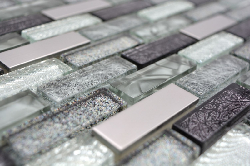 Piastrella di mosaico traslucida in acciaio inox grigio argento nero mosaico di vetro composito Acciaio cristallo grigio argento nero MOS87-IL017_f | 10 tappetini di mosaico