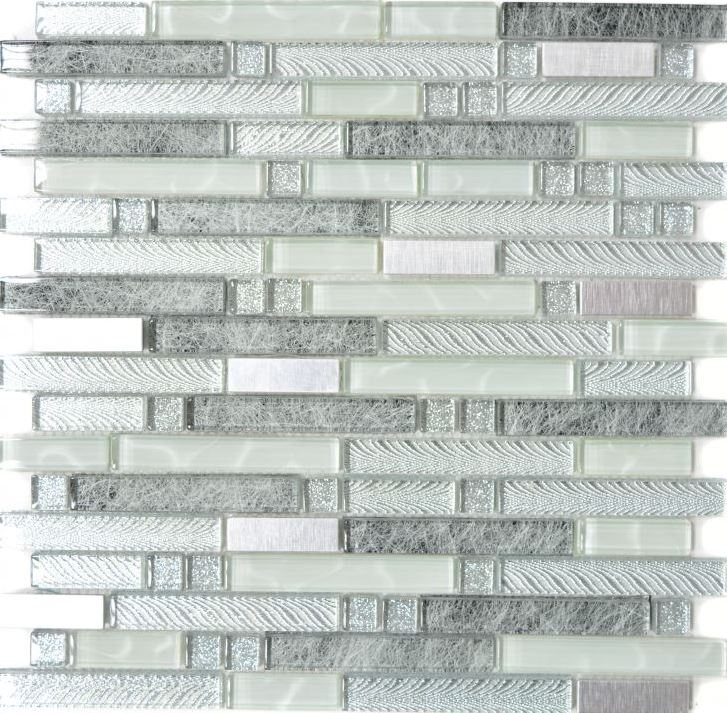 Piastrella di mosaico traslucida in acciaio inox chiaro grigio argento mosaico in vetro composito Acciaio cristallo chiaro grigio argento MOS87-MV698_f | 10 tappetini di mosaico